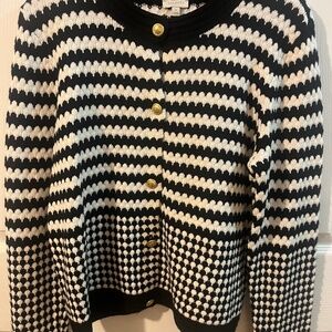 Talbots Black White Striped Cardigan Sweater Gold Buttons Women’s M - NEW